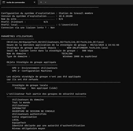 gpresult montrant les GPO appliquées pour l’utilisateur