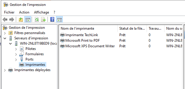Imprimante TechLink visible dans la console Gestion de l impression