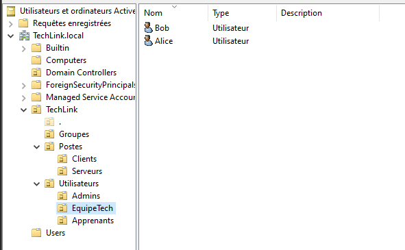 Utilisateurs Alice et Bob affichés dans l’OU EquipeTech