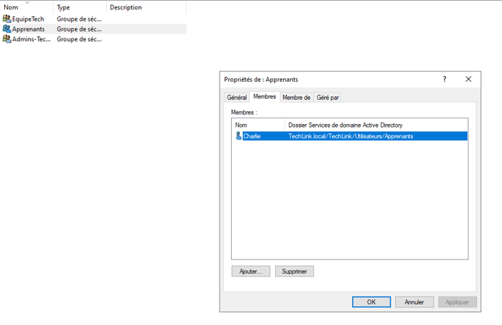 Groupe Apprenants contenant l’utilisateur Charlie