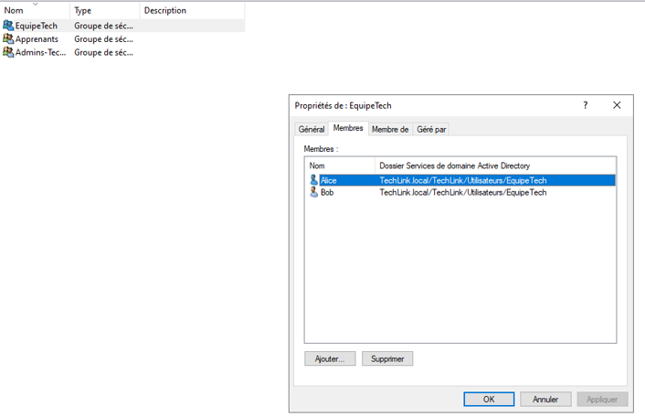 Groupe EquipeTech contenant Alice et Bob