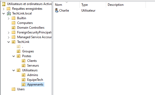 Utilisateur Charlie dans l’OU Apprenants
