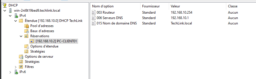 Options DHCP configurées pour le réseau 192.168.10.0
