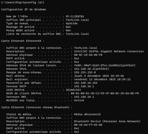 Résultat de la commande ipconfig all sur PC CLIENT01